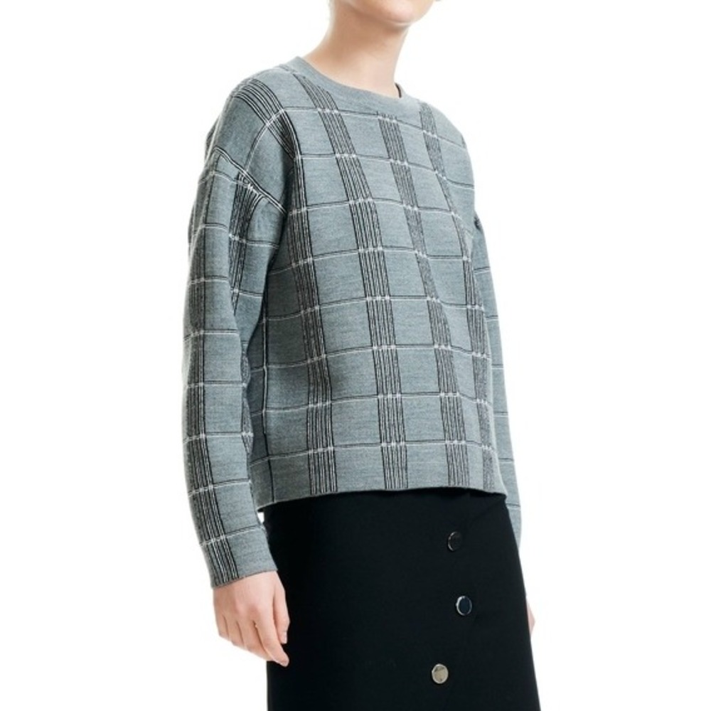 New Maje Mission Gray Grid Plaid Wool Blend Jacquard Boxy Sweater Size 2 Medium